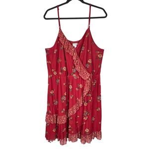 Xhilaration Rust Floral Faux Wrap Dress Mesh Spaghetti strap Ruffle Boho XL